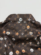 Louis Vuitton short-sleeve shirt neckline, dark monogram print with colorful floral motifs