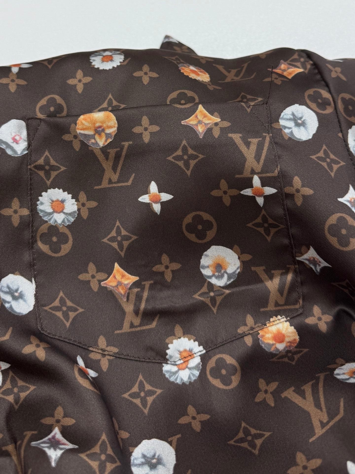 Louis Vuitton short-sleeve shirt, dark monogram print with colorful floral motifs (close-up)