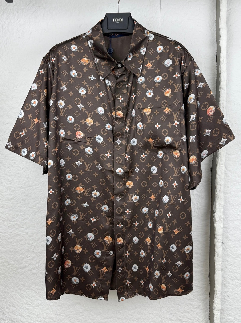 Louis Vuitton short-sleeve button shirt, dark monogram print with colorful florals