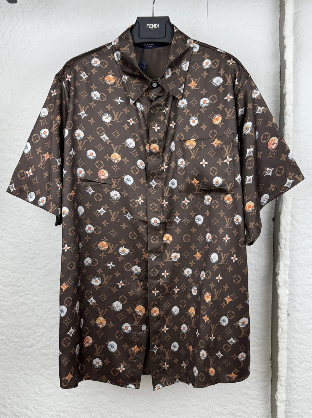 Louis Vuitton short-sleeve button shirt, dark monogram print with colorful florals