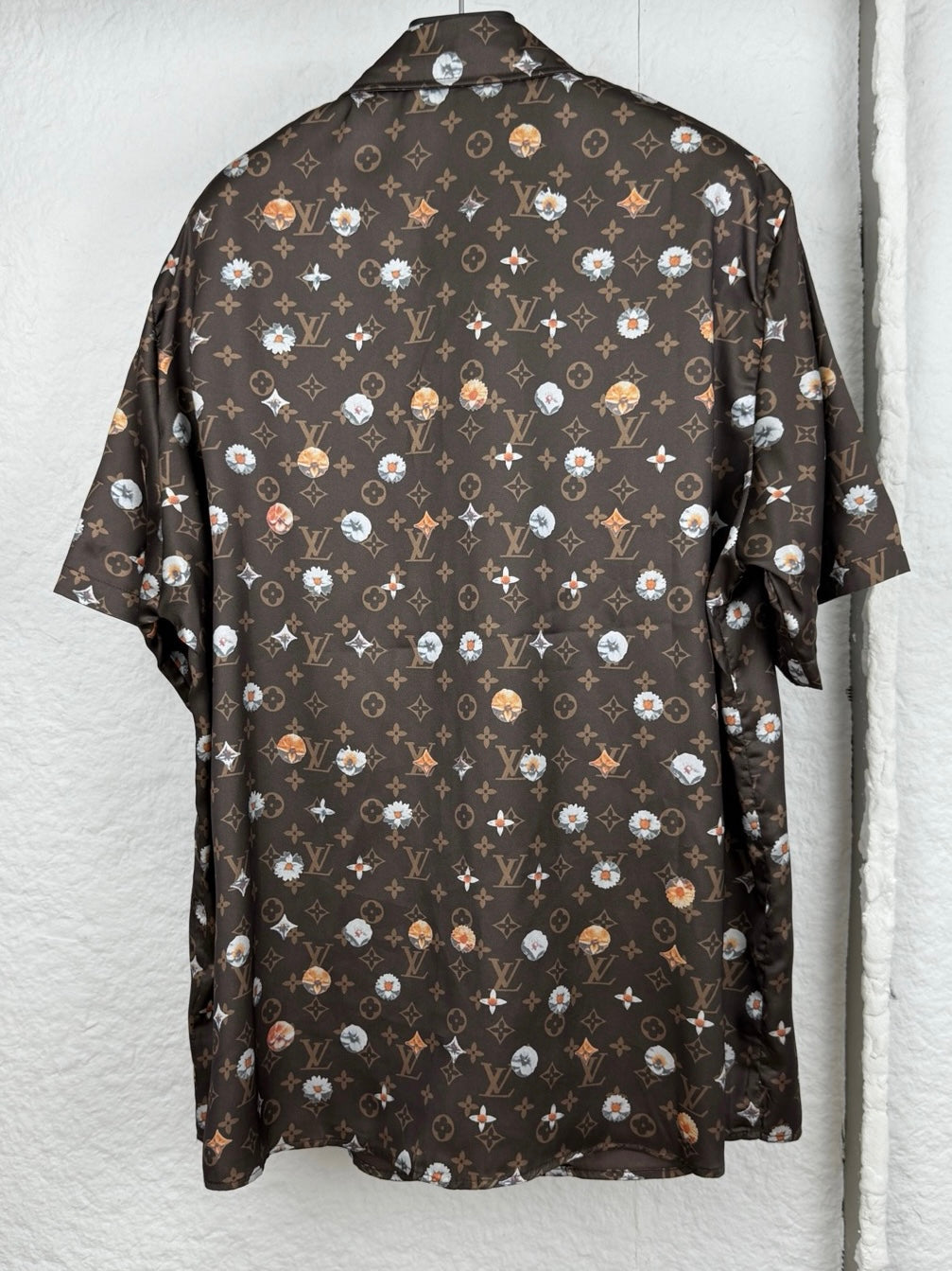 Louis Vuitton short-sleeve button shirt, dark monogram print with colorful florals (back)