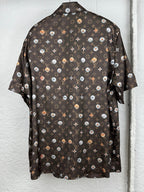 Louis Vuitton short-sleeve button shirt, dark monogram print with colorful florals (back)