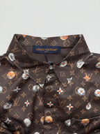 Louis Vuitton short-sleeve shirt collar, dark monogram print with colorful floral motifs