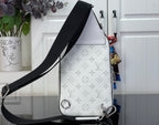 White Louis Vuitton monogram crossbody bag with black strap and metal side hardware