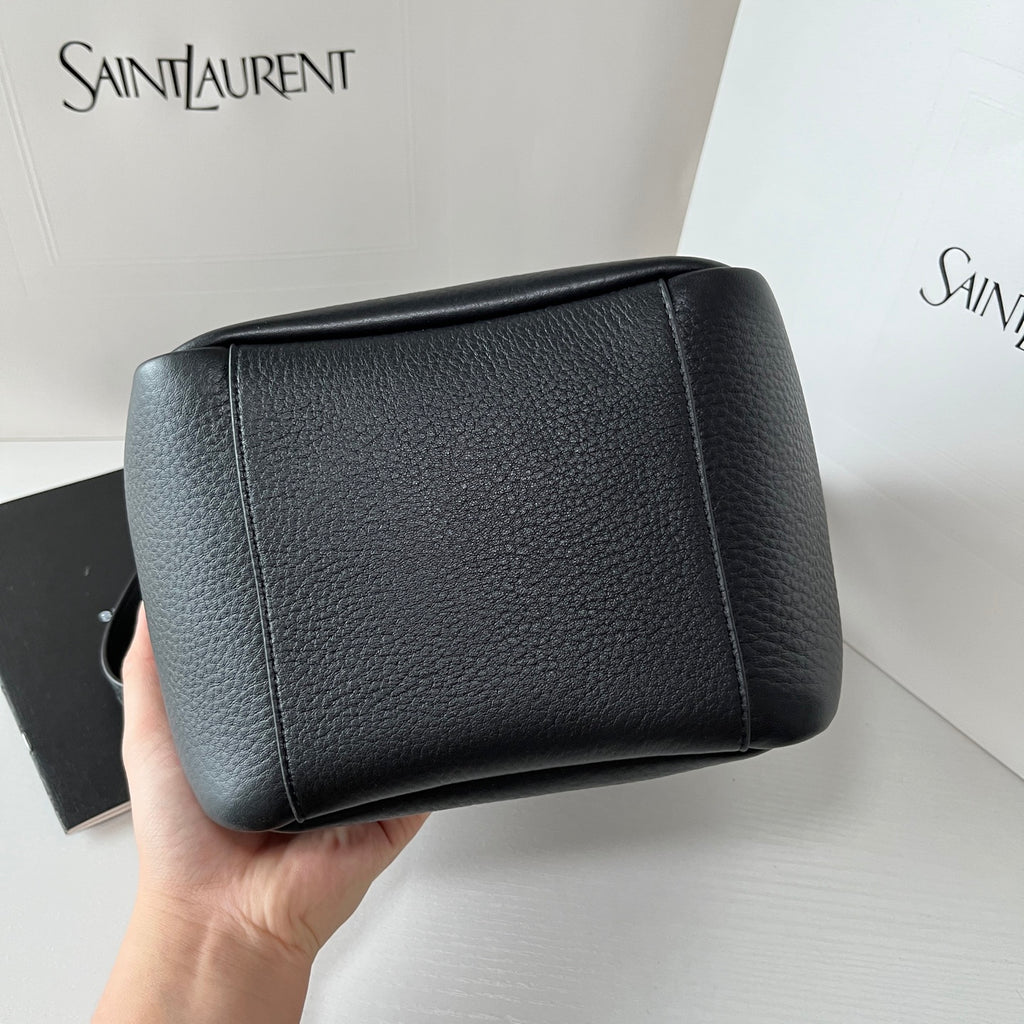 YSL leather mini tote bag, black textured exterior with top handles.
