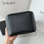 YSL leather mini tote bag, black textured exterior with top handles.
