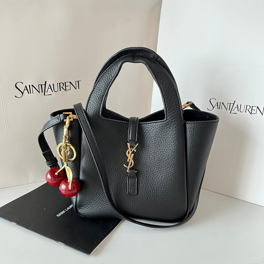 YSL leather mini tote bag, black with top handles and gold-tone YSL clasp.