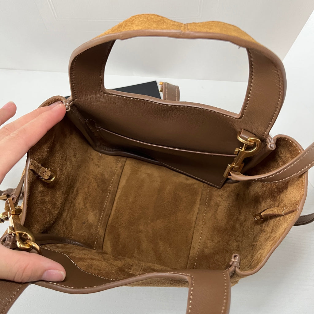 YSL tan suede mini tote interior view with open top and top zipper divider