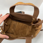 YSL tan suede mini tote interior view with open top and top zipper divider