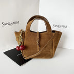 YSL tan suede mini tote with top handles, gold hardware, and side shoulder strap