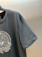 Versace T-shirt sleeve and front graphic, dark heather gray knit jersey