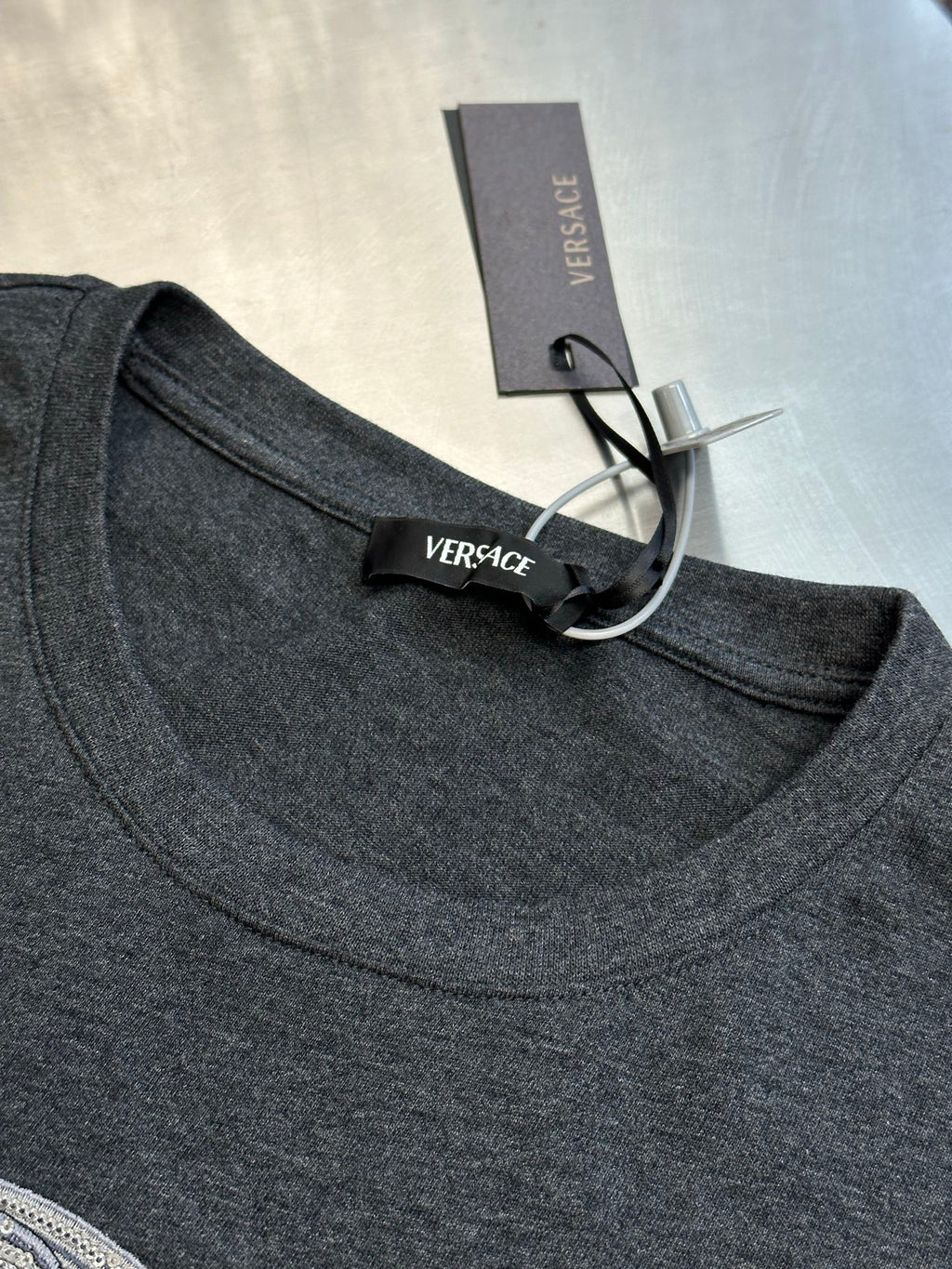 Versace crew-neck T-shirt collar with VERSACE neck label, dark heather gray