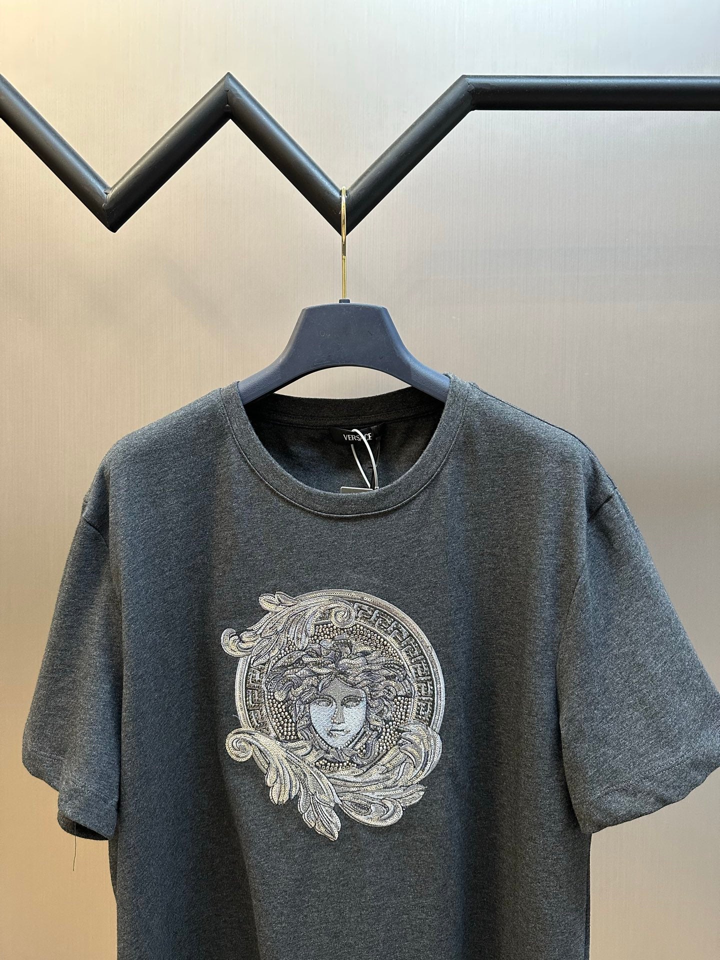 Versace T-shirt, dark heather gray, crew neck, large Medusa graphic on front