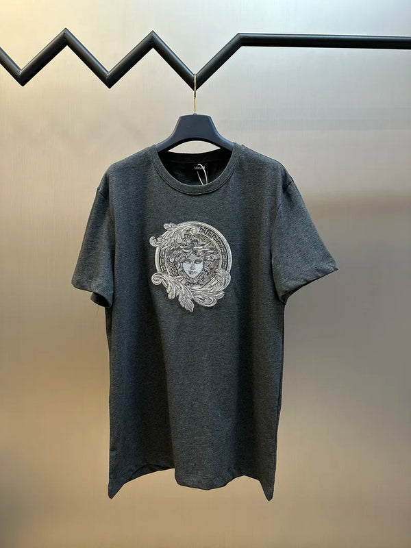 Versace gray crewneck T-shirt with centered Medusa crest graphic