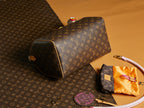 Louis Vuitton monogram handbag with side pocket, wristlet strap, and accessory pouch