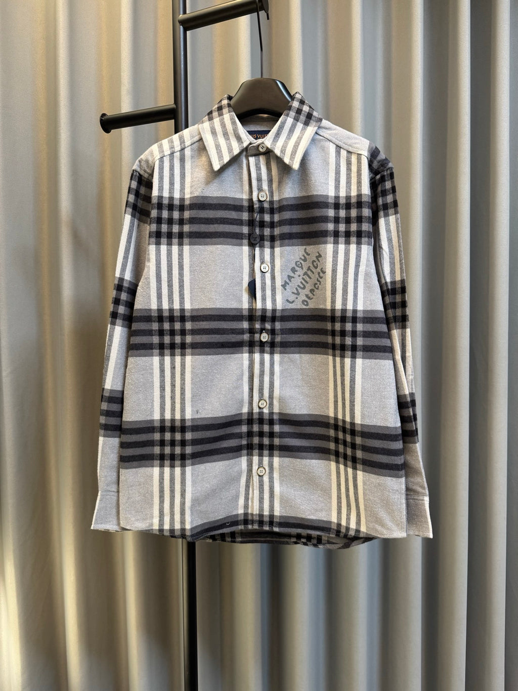 Louis Vuitton long-sleeve plaid shirt with button front and spread collar