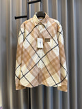 Burberry long-sleeve check shirt, beige with navy diamond plaid, button-up front