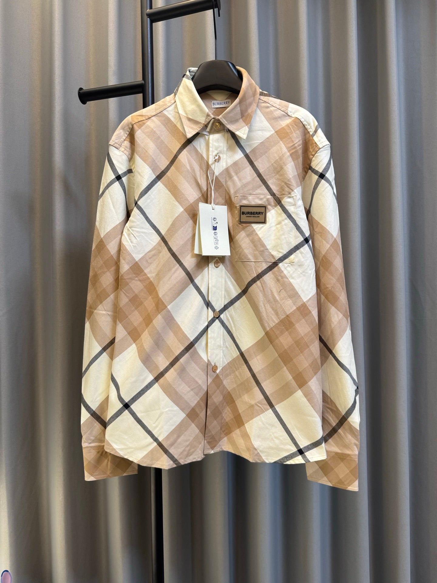 Burberry long-sleeve check shirt, beige with navy diamond plaid, button-up front