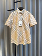 Burberry short-sleeve plaid shirt with button front, pale yellow and white