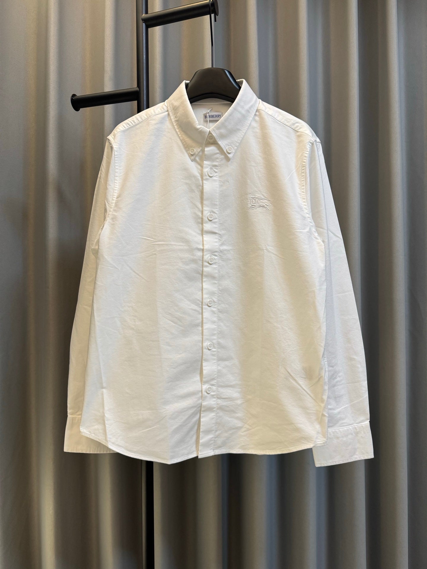 Burberry long-sleeve button-up shirt, white, spread collar, front button placket