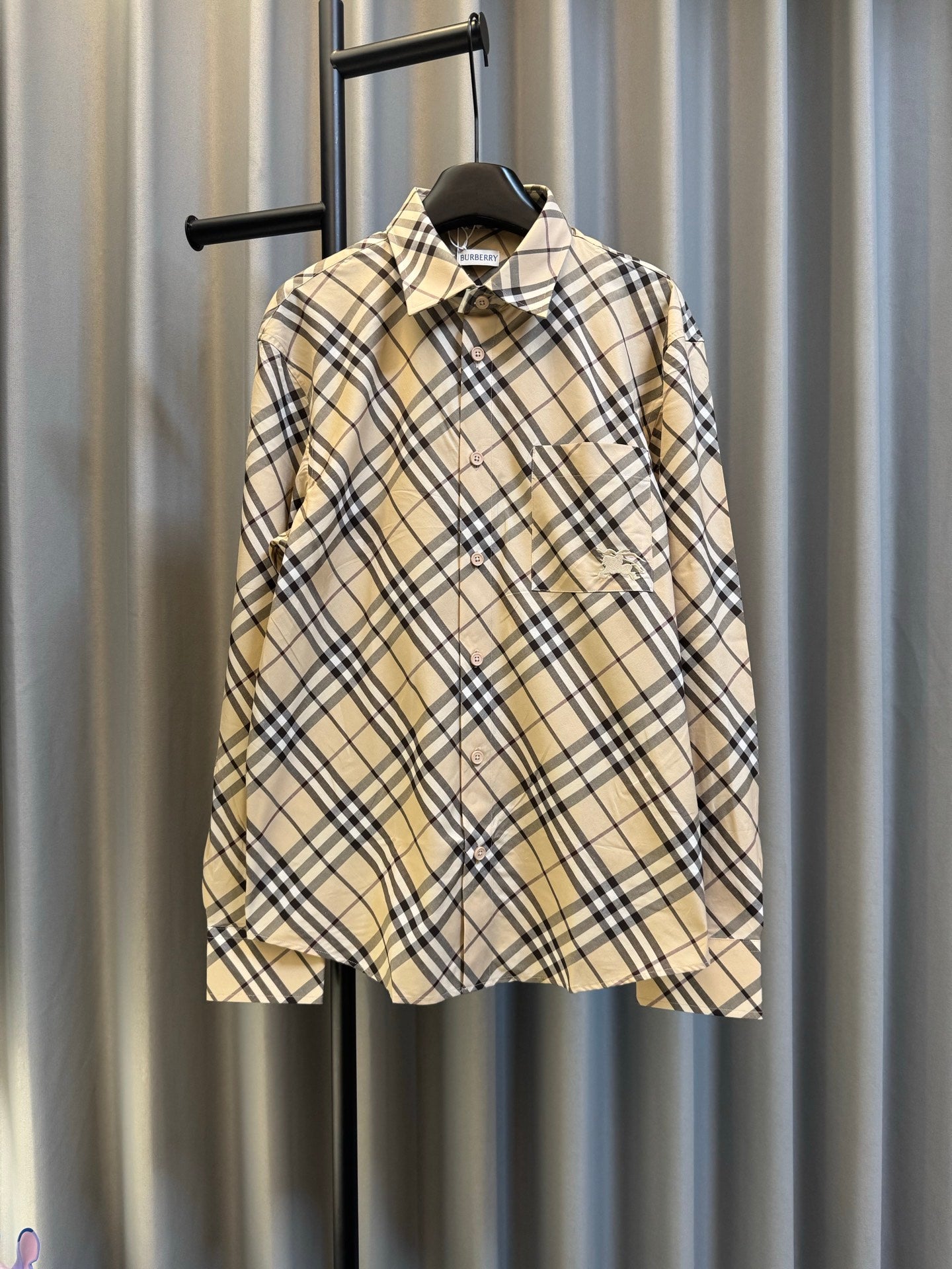 Burberry plaid long-sleeve shirt with button front and pointed collar
