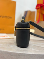 Louis Vuitton round crossbody bag in dark black leather with gold zipper trim and strap