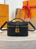 Louis Vuitton top-handle bag in dark black with gold zipper and front lock hardware