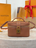 Louis Vuitton top-handle bag in brown leather with front gold lock and stitched trim