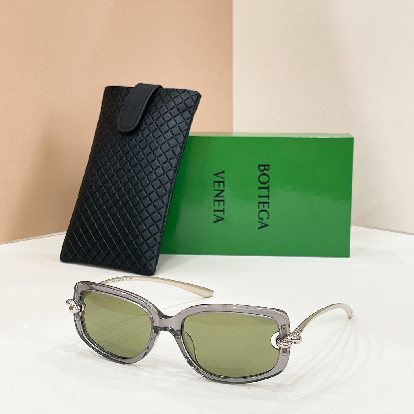 Bottega Veneta sunglasses, silver frames with olive green lenses and gold hardware