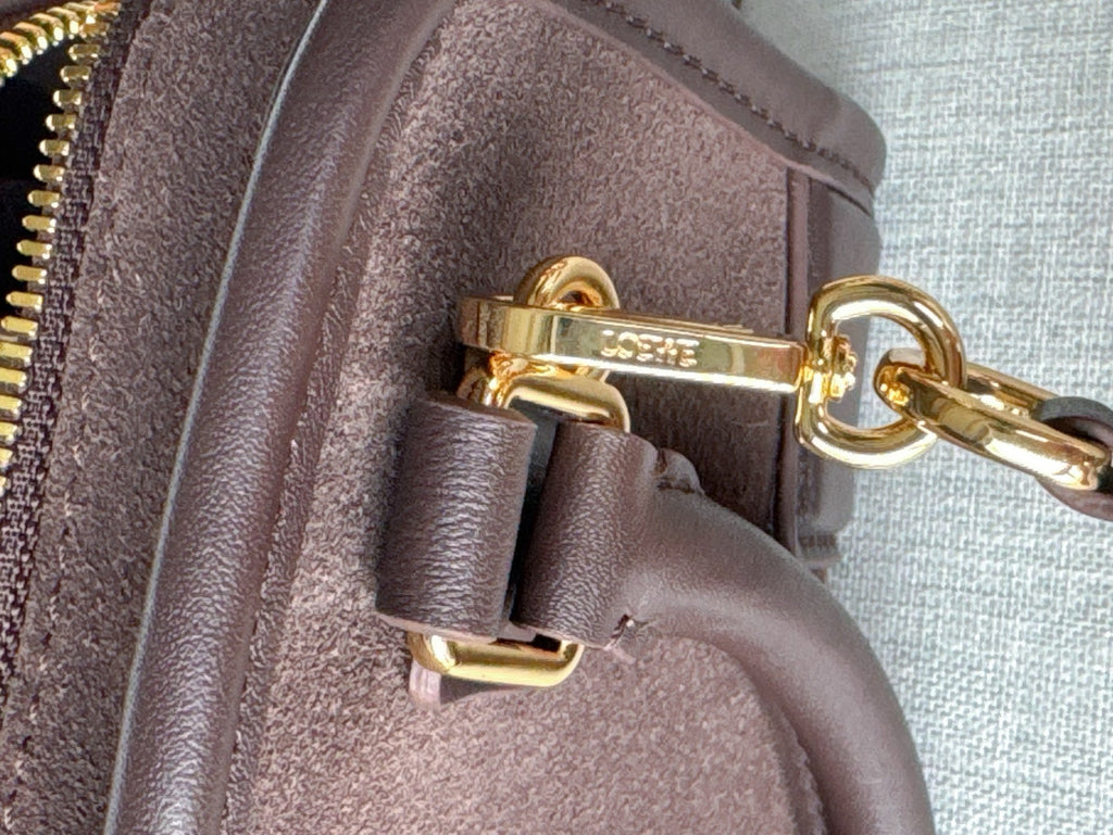 Loewe bag close-up of gold clasp and ring connector on the handle.