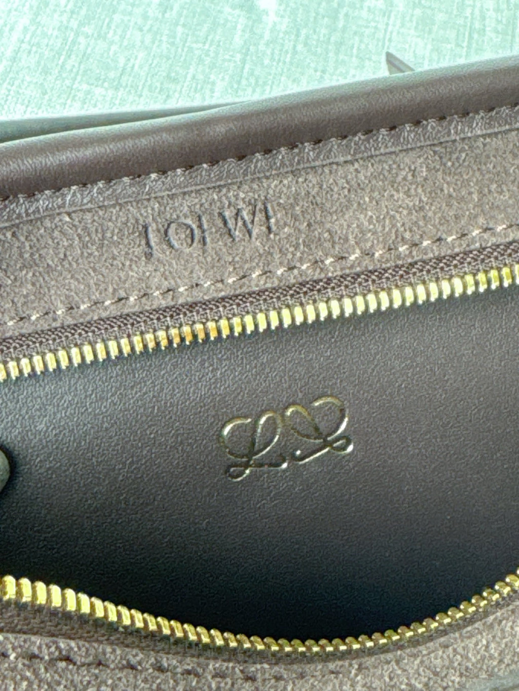 Loewe bag close-up showing embossed logo and gold zipper teeth on inner panel.