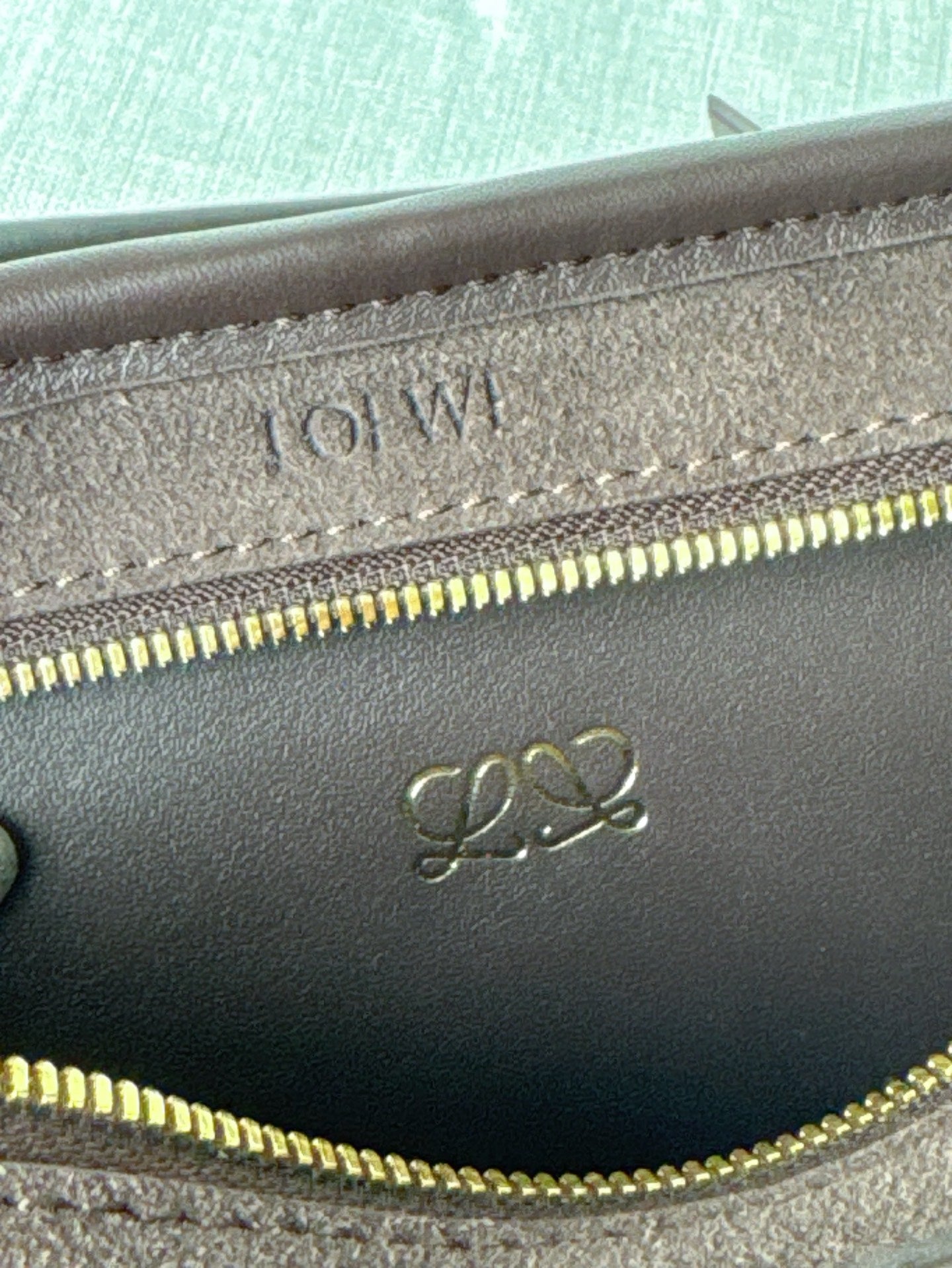 Loewe bag close-up showing embossed logo and gold zipper teeth on inner panel.