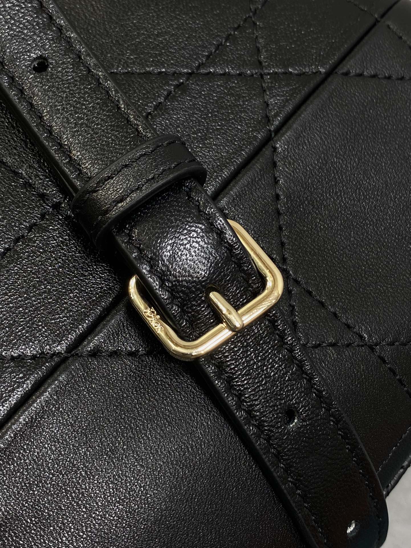 Dior leather bag strap with gold-tone buckle and quilted leather panel, dark.