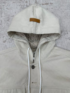 White hooded jacket with patterned inner hood and front snap buttons