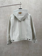 White hooded jacket back view with drawstring and snap hem