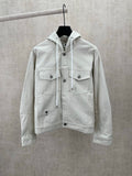 White hooded jacket with drawstring, snap front and chest pockets