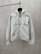 White hooded jacket with drawstring, snap front and chest pockets