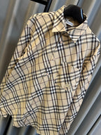 Burberry plaid long-sleeve shirt close-up, button placket and chest pocket