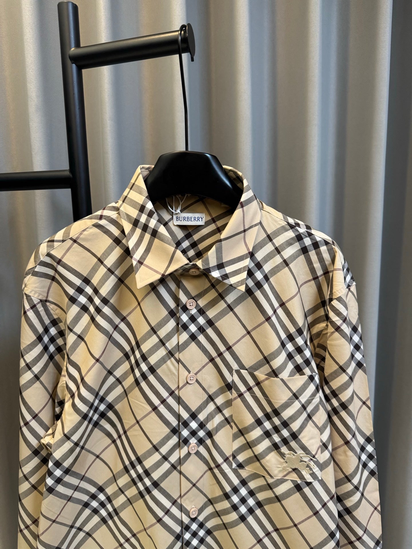 Burberry plaid long-sleeve shirt with pointed collar and button front