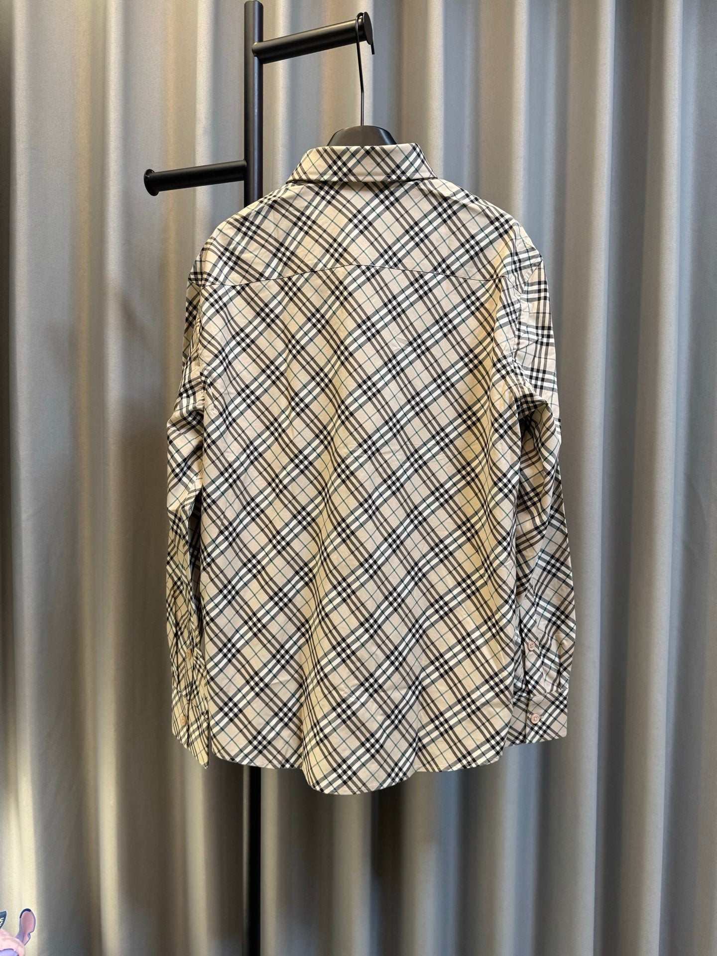 Burberry plaid button-up shirt, long sleeves, back view