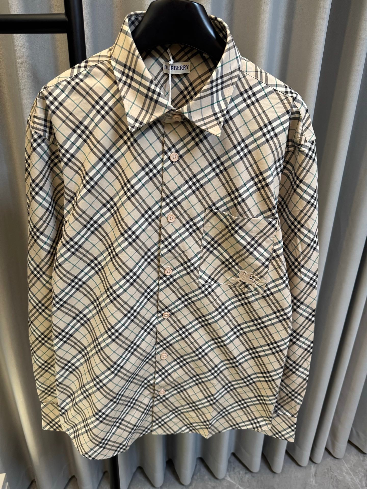 Burberry plaid button-up shirt with point collar and chest button placket