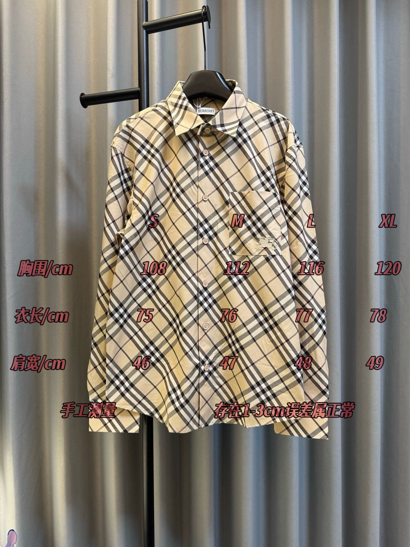 Burberry plaid long-sleeve shirt with size markings on front