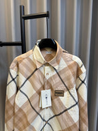 Burberry long-sleeve plaid button-up shirt, beige and navy diamond pattern, front view