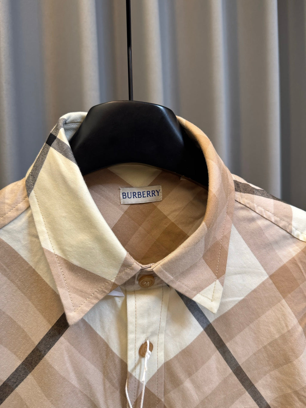 Burberry check shirt collar and neckline, beige with navy diamond plaid, on hanger