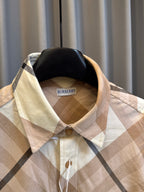 Burberry check shirt collar and neckline, beige with navy diamond plaid, on hanger