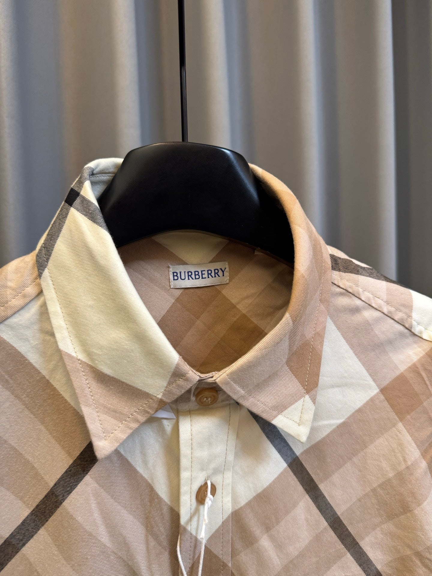 Burberry check shirt collar and neckline, beige with navy diamond plaid, on hanger