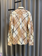 Burberry long-sleeve check shirt, beige with navy diamond plaid, back view on hanger