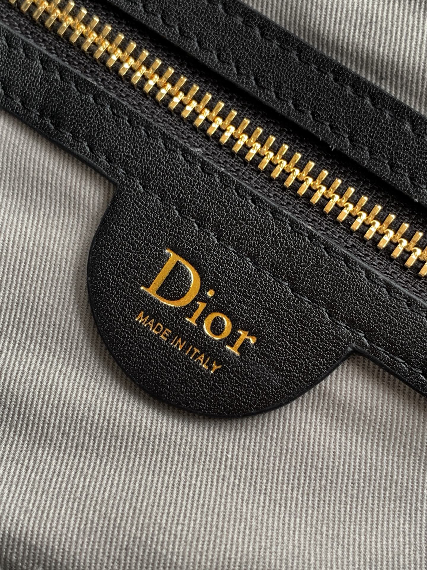 Dior interior pocket detail with gold zipper and Dior leather label