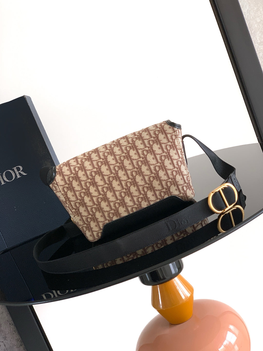 Dior crossbody bag beige monogram with gold O-ring and black strap