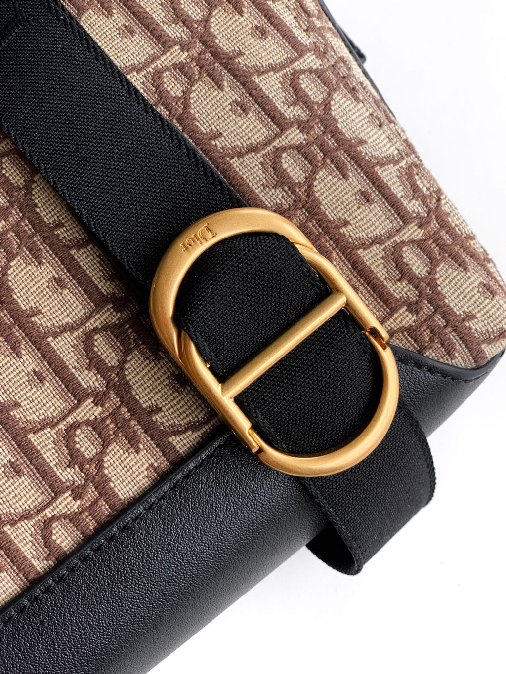Dior bag detail: gold O-ring buckle on black strap over beige monogram canvas